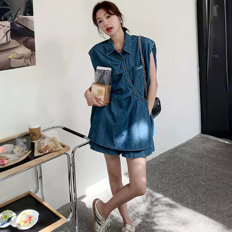デニムノースリーブシャツ×ショートパンツセット