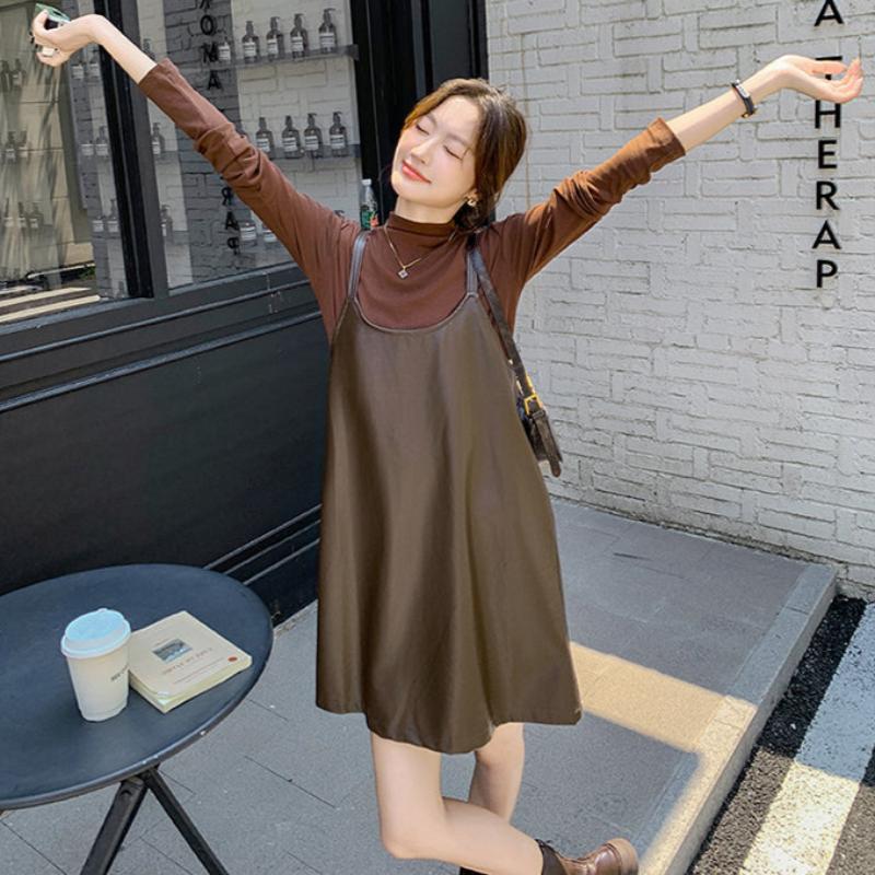 タートルトップス×PUレザーワンピースセット(2colors)