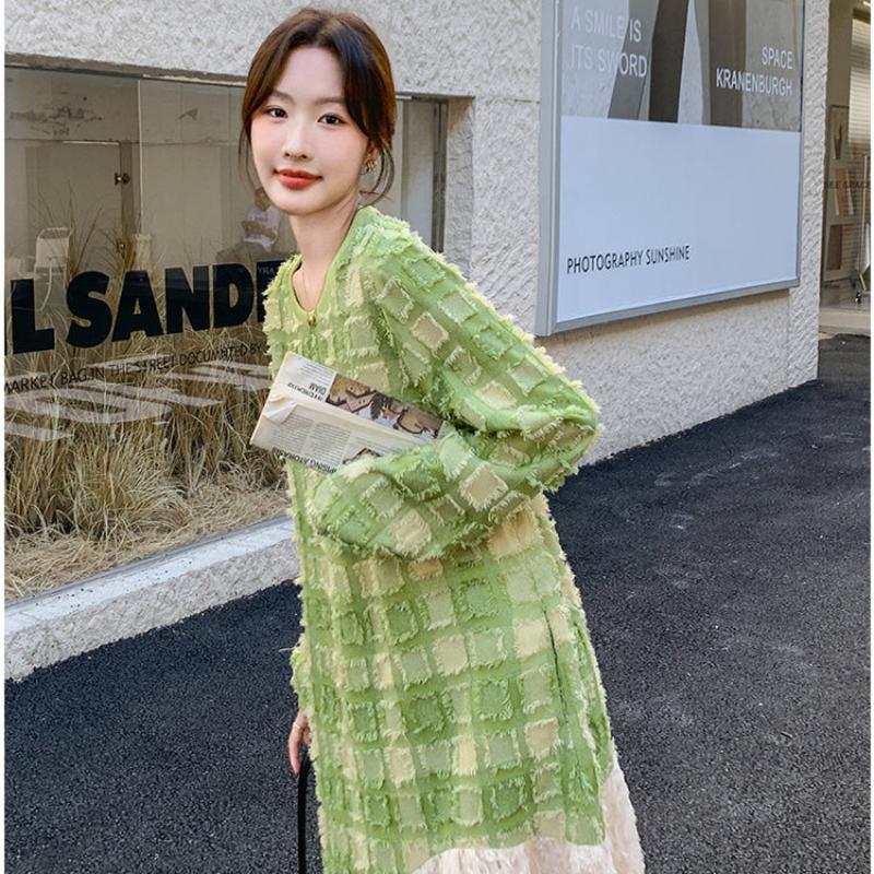 グリーンエンボスチェックワンピース