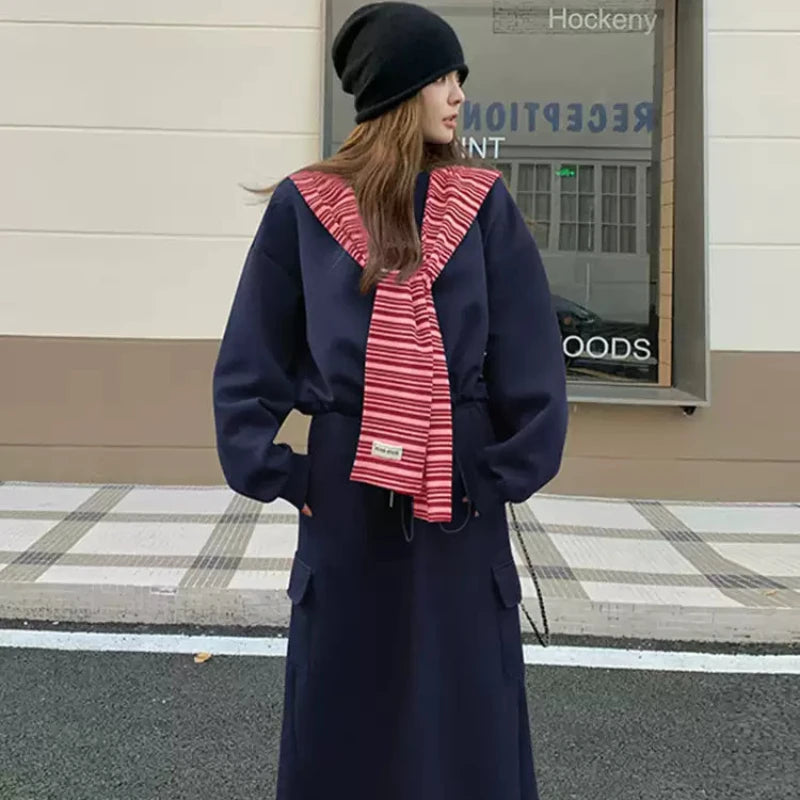 マフラーキャップ×ロゴトレーナー×スカート3点セット(2colors)