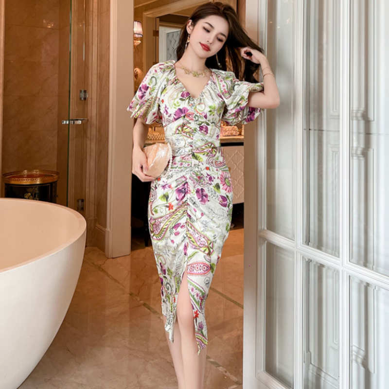 エスニック風プリントギャザーバルーンスリーブワンピース