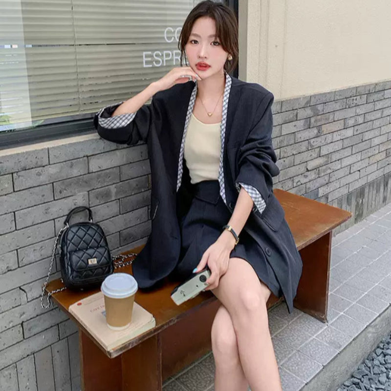 チェックデザイングレージャケット×スカートスーツ