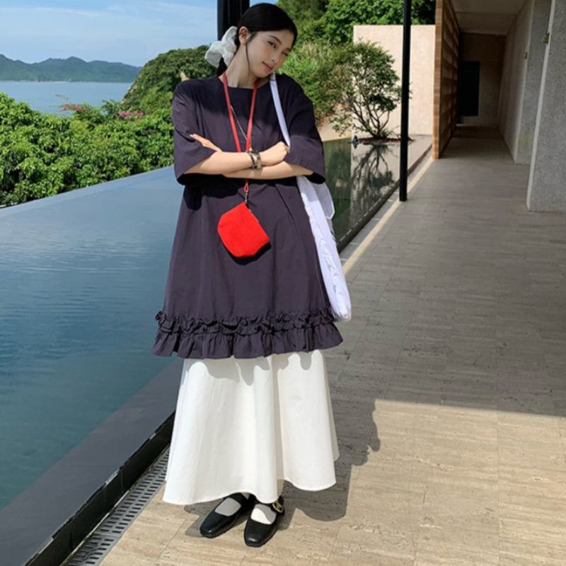 ネイビー5分袖ショート丈フリルワンピース