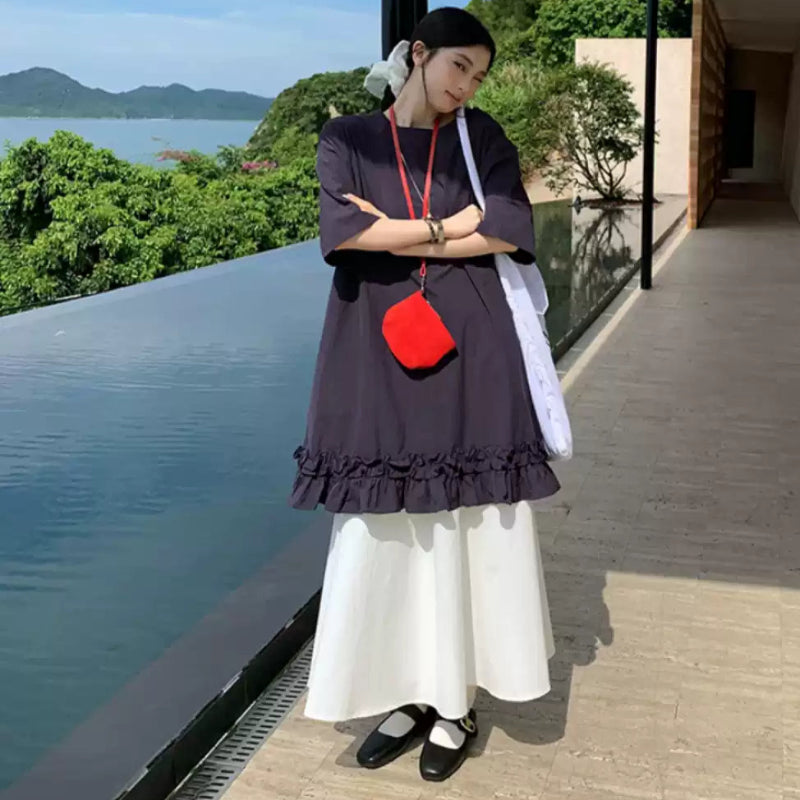 ネイビー5分袖ショート丈フリルワンピース