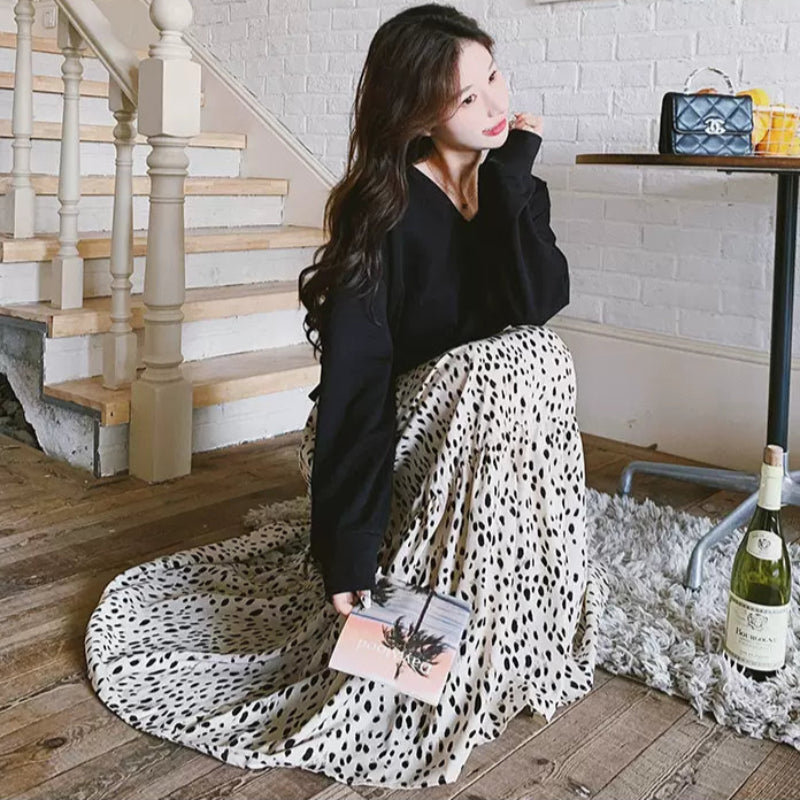 【即納】Vネックトップス×ダルメシアンスカートドッキングワンピース