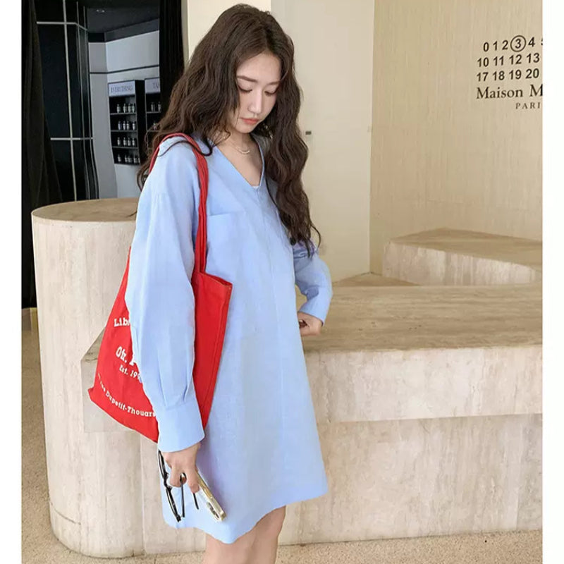 ノーカラーミニ丈リネンワンピース