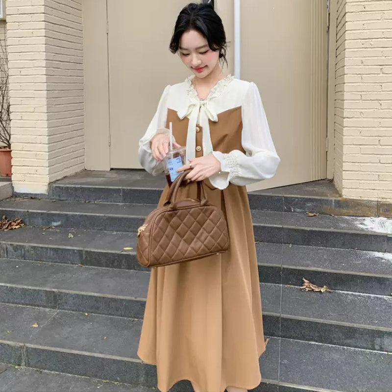 フリルブラウスレイヤードワンピース