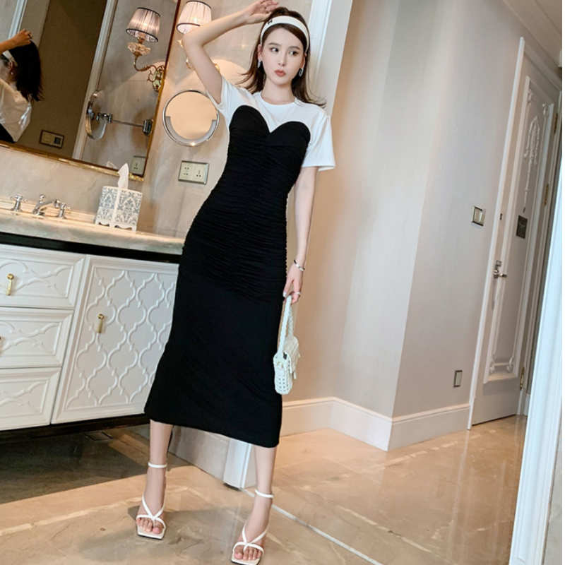 Tシャツコンビフロントギャザービスチェワンピース