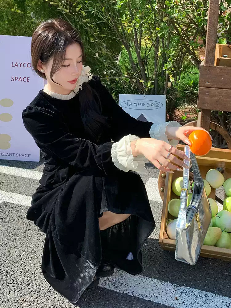 クラシカルベルベット裾切り替えワンピース