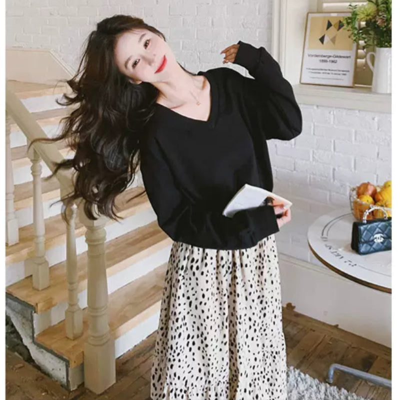 【即納】Vネックトップス×ダルメシアンスカートドッキングワンピース