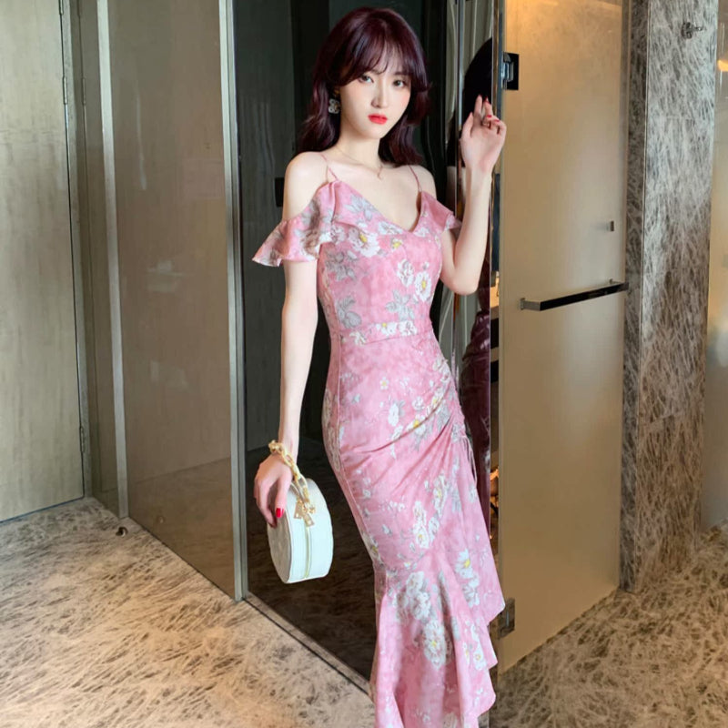 シフォンフラワープリントドレス