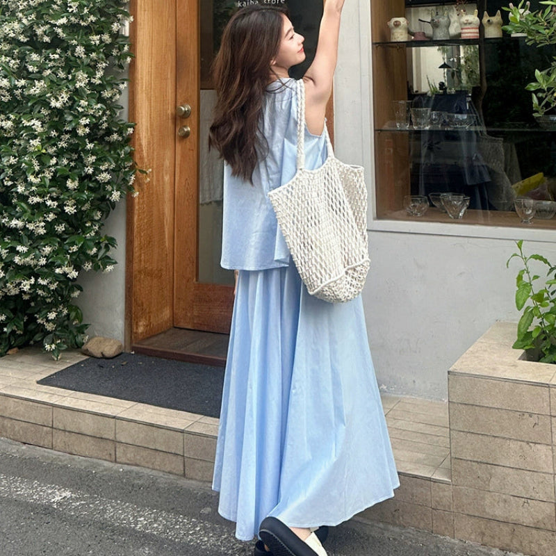 リボンデザインノースリーブトップス×スカートセットアップ