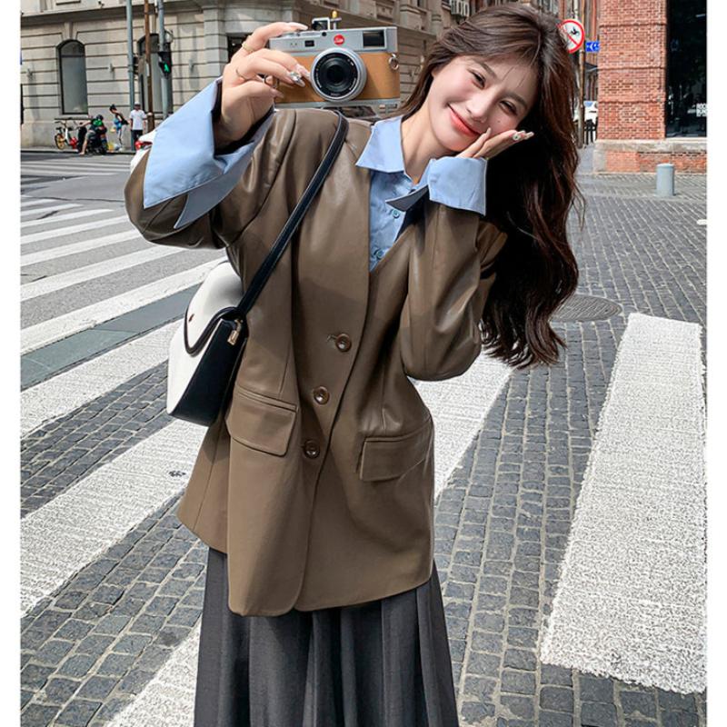 ノーカラーVラインPUレザージャケット