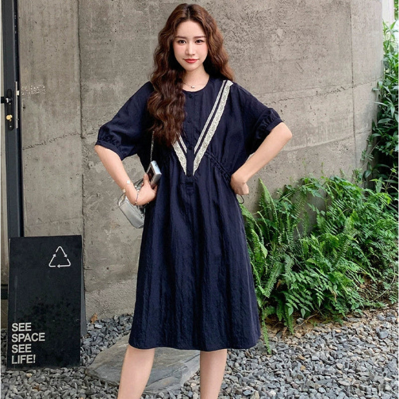 ネイビーVラインデザイン5分袖ワンピース（紺）春/夏/秋 配色Vラインが