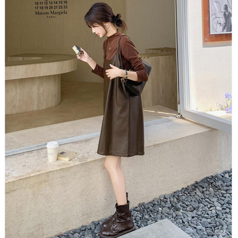 タートルトップス×PUレザーワンピースセット(2colors)