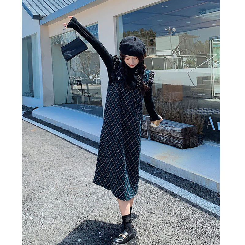 Aラインチェック柄ジャンパースカート(2colors)