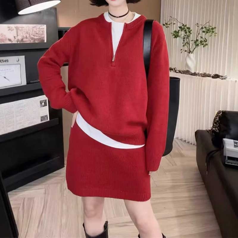 ハーフジップニットセットアップ(3colors)（赤・灰・黒）秋/冬 ラフに