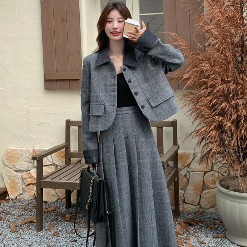 グレーチェックジャケット×スカートセット（灰/チェック）秋/冬 大人  