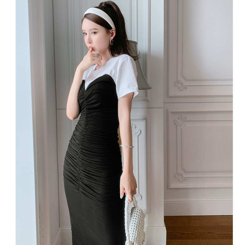 Tシャツコンビフロントギャザービスチェワンピース