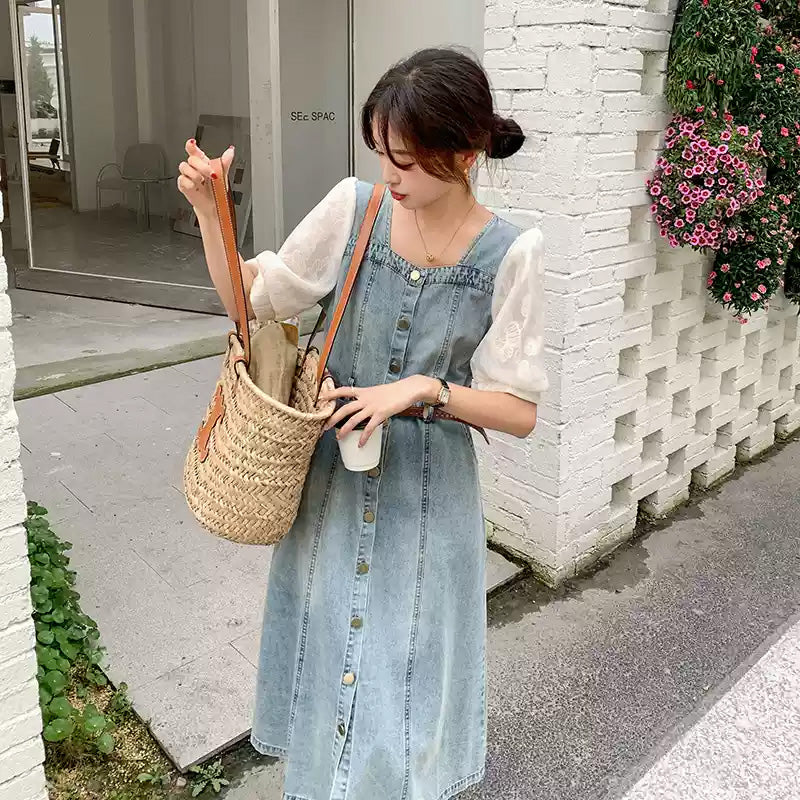 パフスリーブ切り替えデニムワンピース