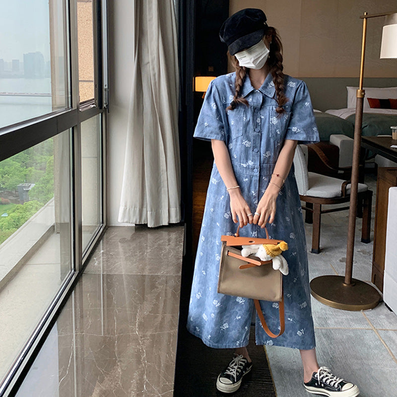 ローズプリントデニム調シャツワンピース