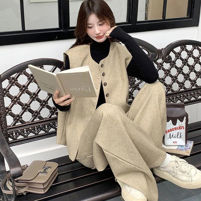 フロントボタンベスト×ワイドパンツセット