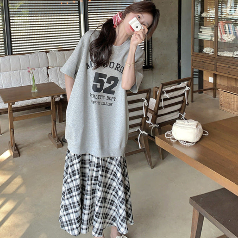 Tシャツ×チェックスカートドッキングワンピース