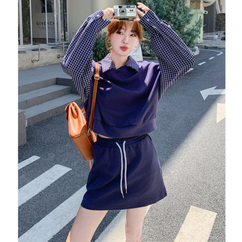 ブルーチェックレイヤードスウェットスカートセット