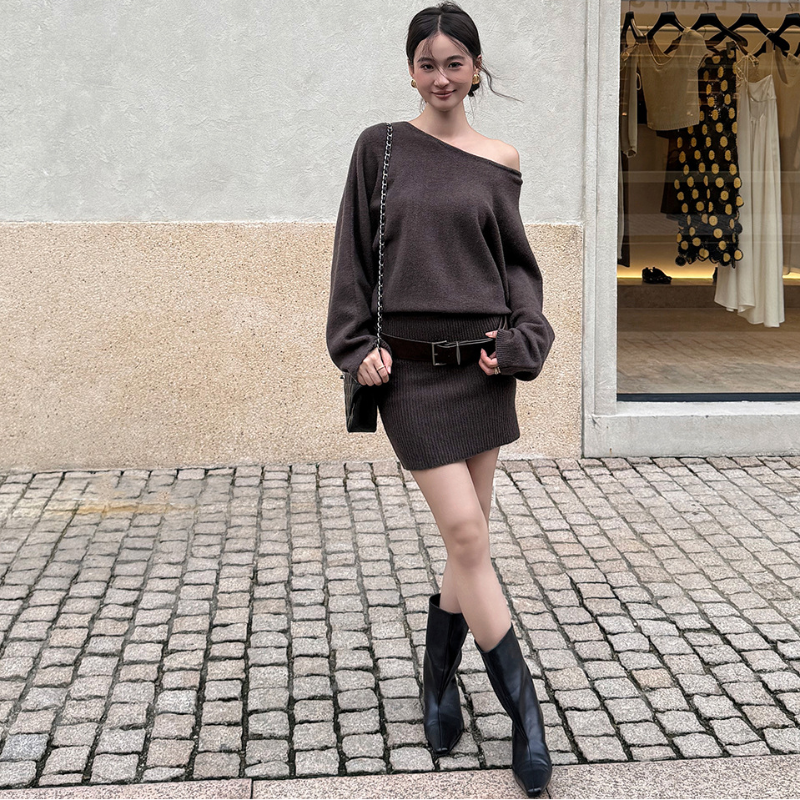 ワンショルダードルマンニットミニワンピース(3colors)