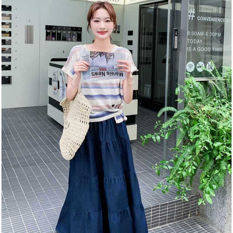 ボーダーTシャツ×デニムスカートセットアップ