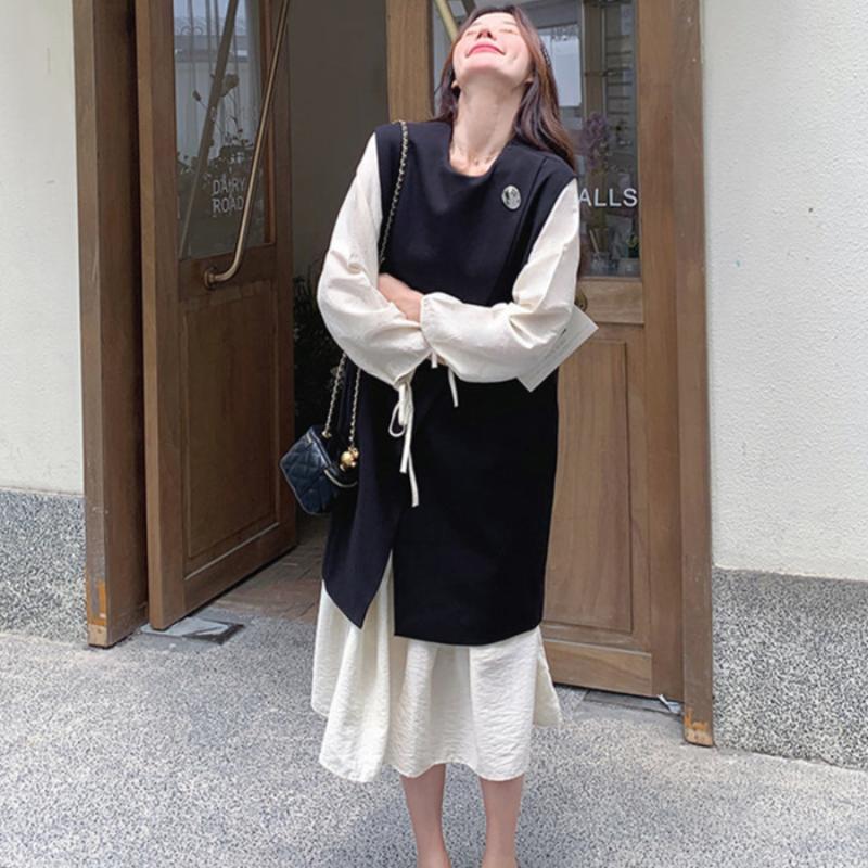 ロングベスト×ワンピースレイヤードセット