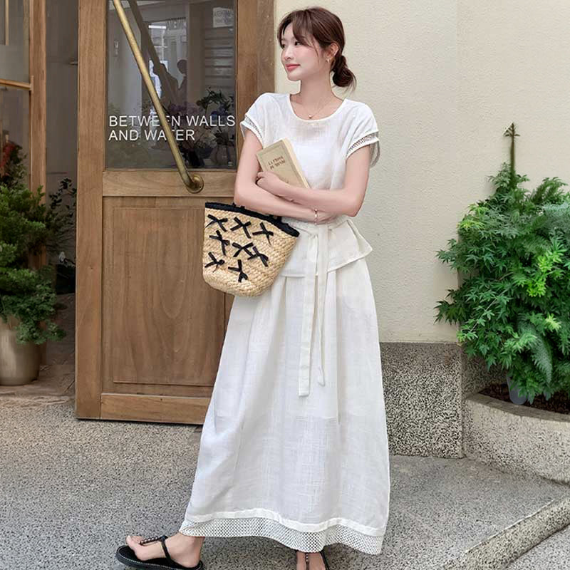 ウエストリボンブラウス×ロングスカート