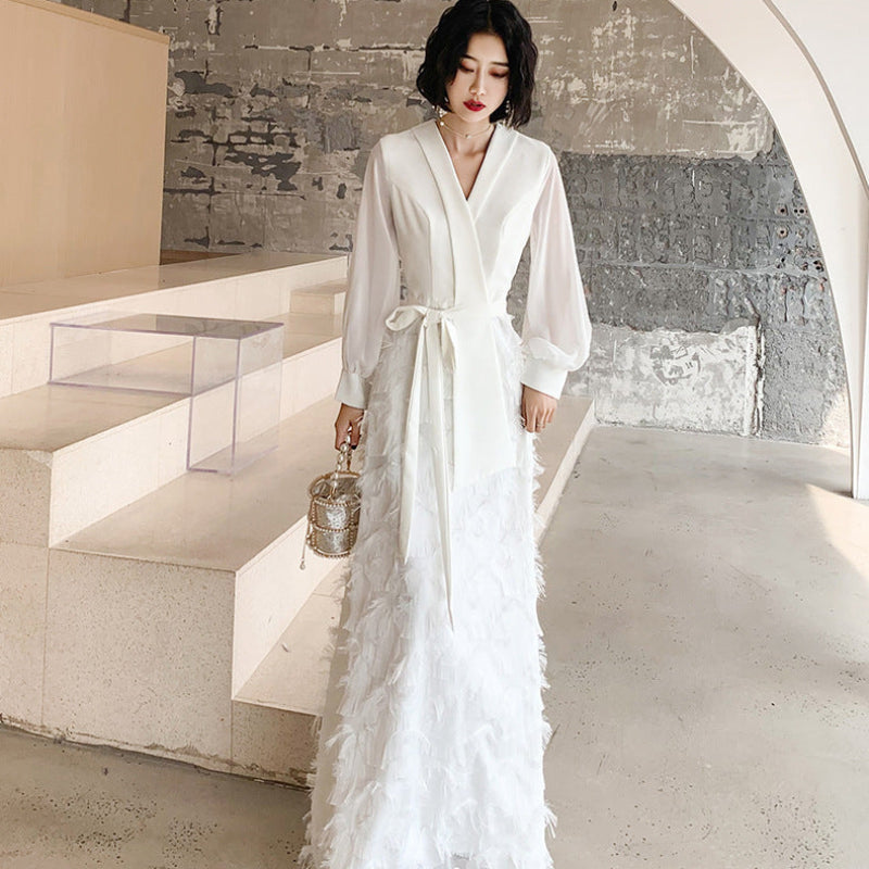 ショールカラーフェザー切り替えドレス(2colors)