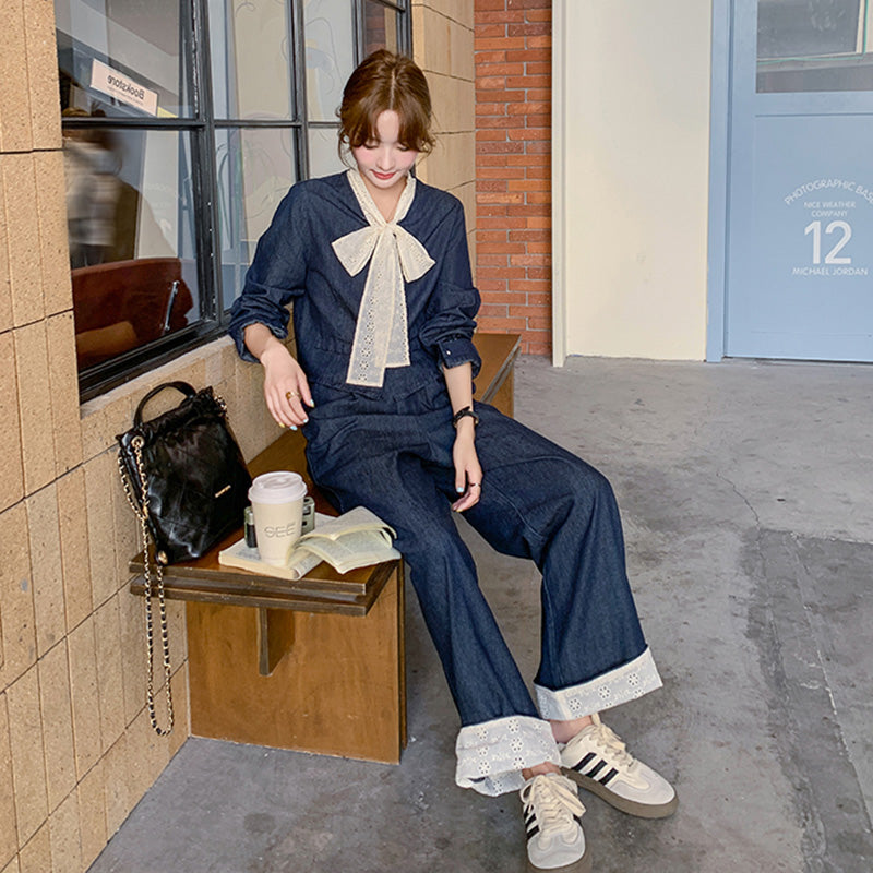 レースリボン付きデニムスーツジャケット×ワイドパンツ