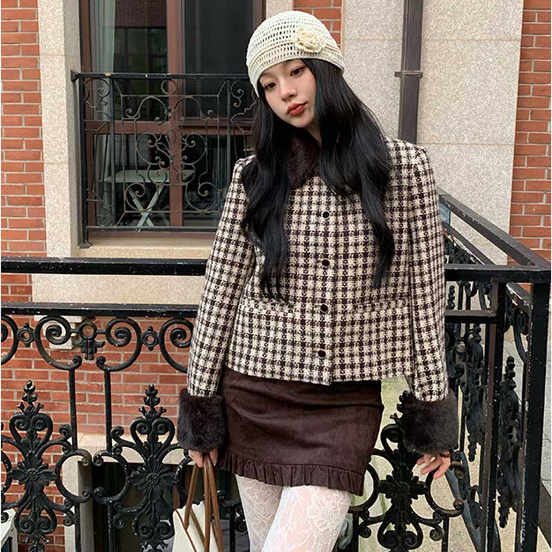 ファーカフスチェックショートコート