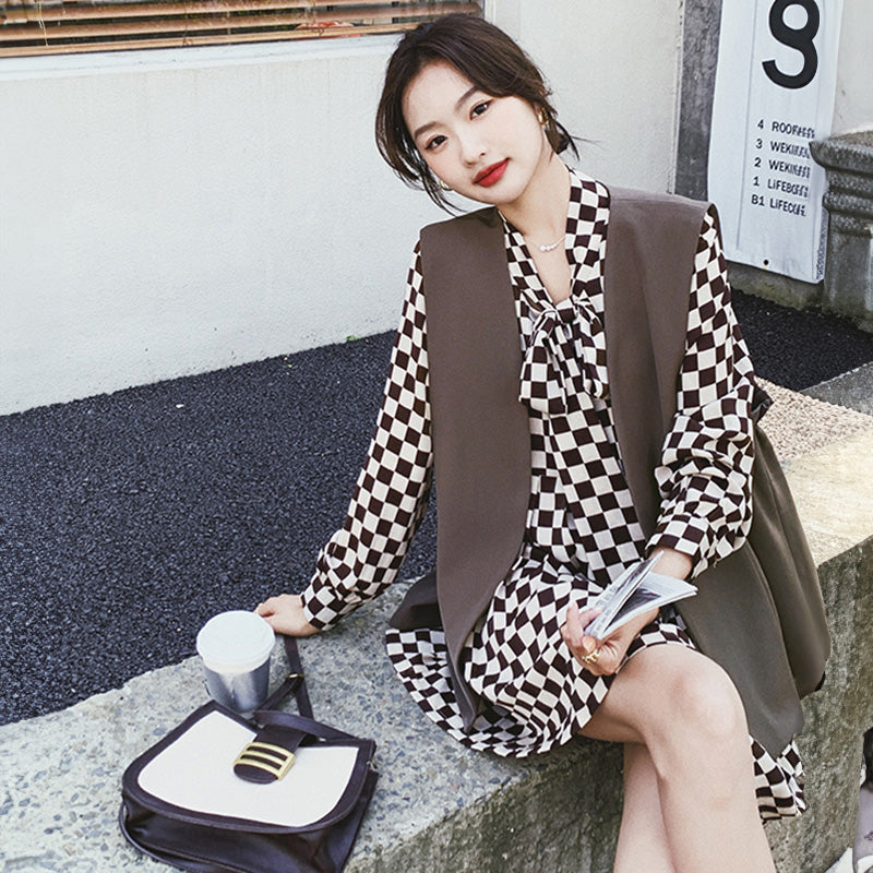 チェック柄ワンピース×ベストセット