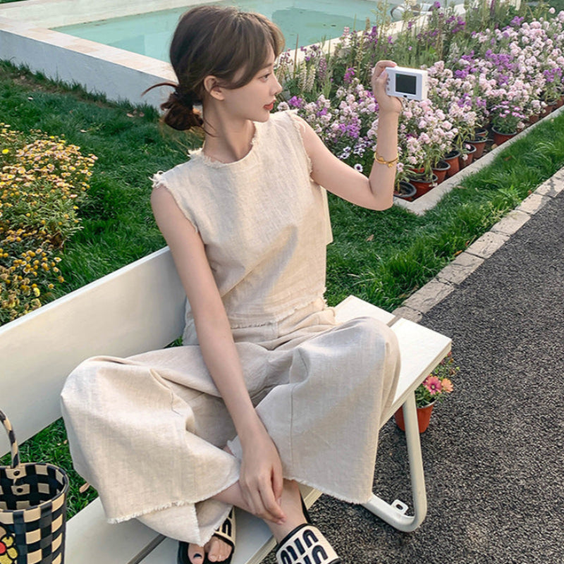 ノースリーブトップス×ワイドレッグパンツスーツ(2colors)