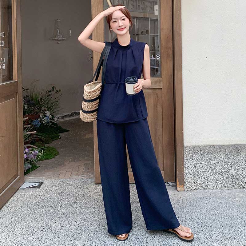 スタンドカラーカットソー×ワイドパンツ(2colors)