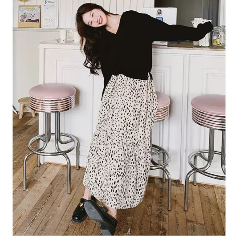 【即納】Vネックトップス×ダルメシアンスカートドッキングワンピース