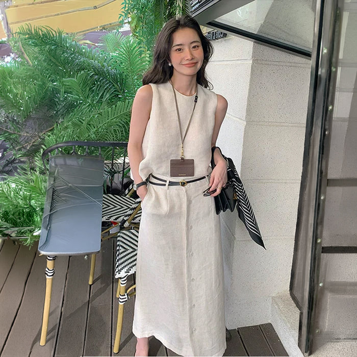 リネンノースリーブスカートスーツ(2colors)