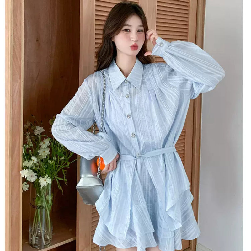 ライトブルーストライプシャツ×パンツセット