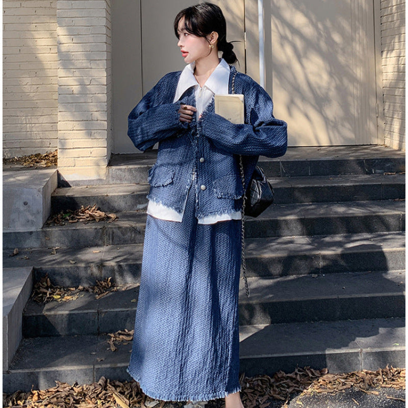 デニムジャケットスカートスーツ×ブラウス3点セット