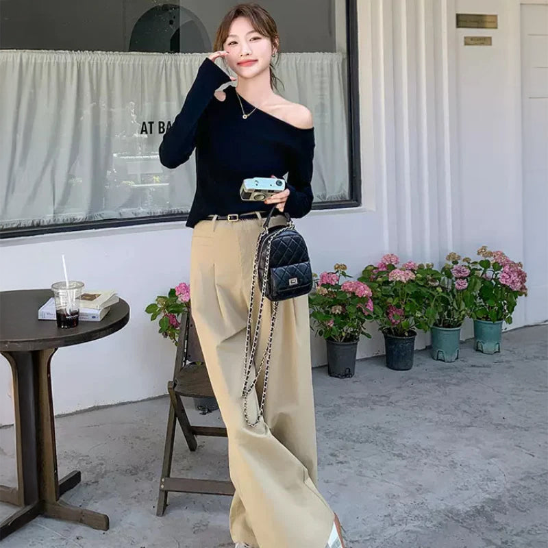 オフショルダーカットソー×ワイドレッグパンツコーデセット