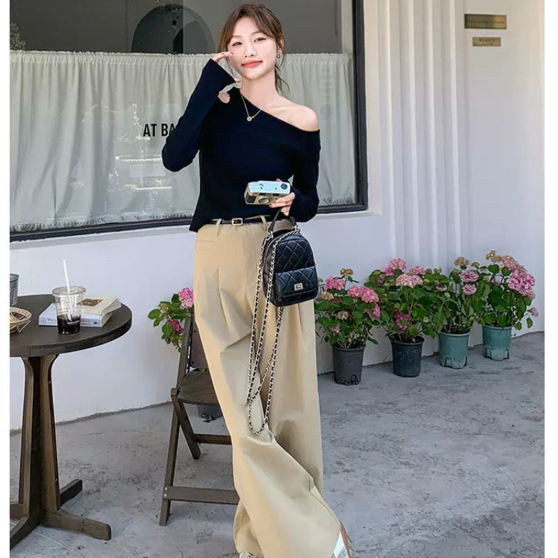 オフショルダーカットソー×ワイドレッグパンツコーデセット