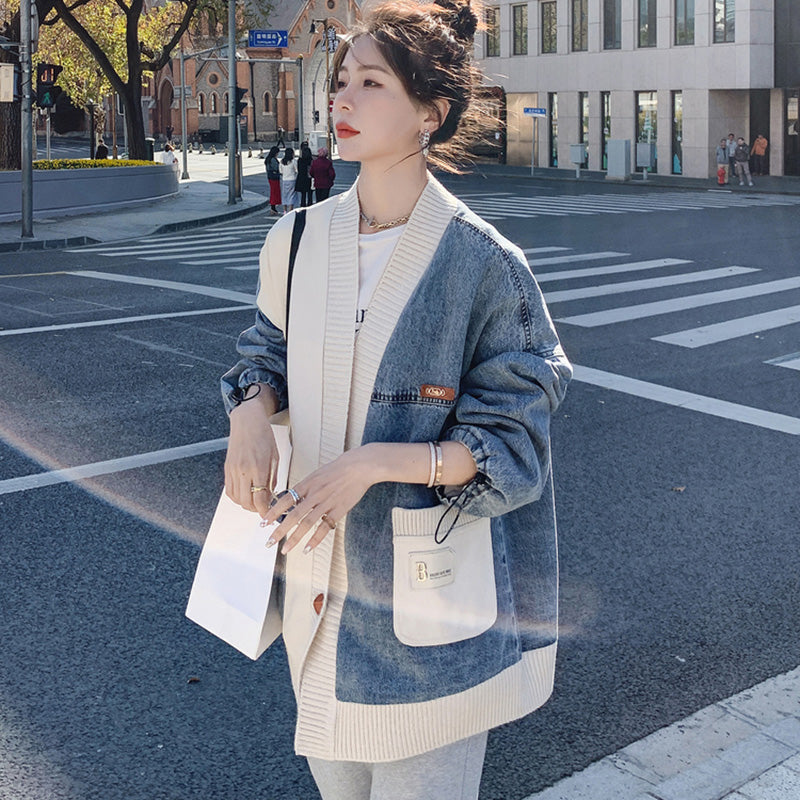 異素材MIXデザインニット×デニムジャケット