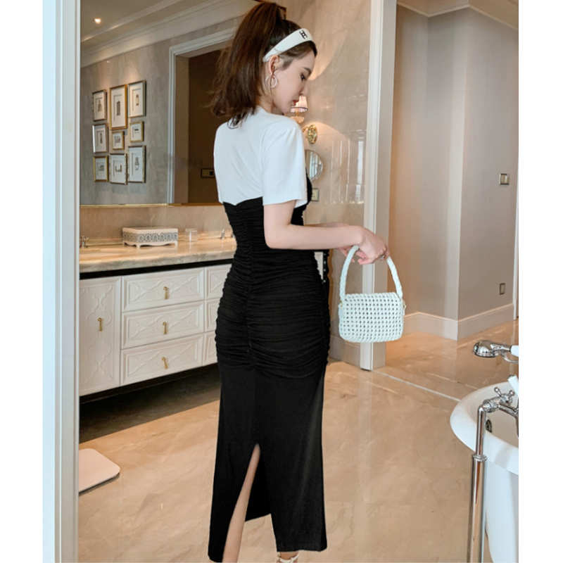 Tシャツコンビフロントギャザービスチェワンピース