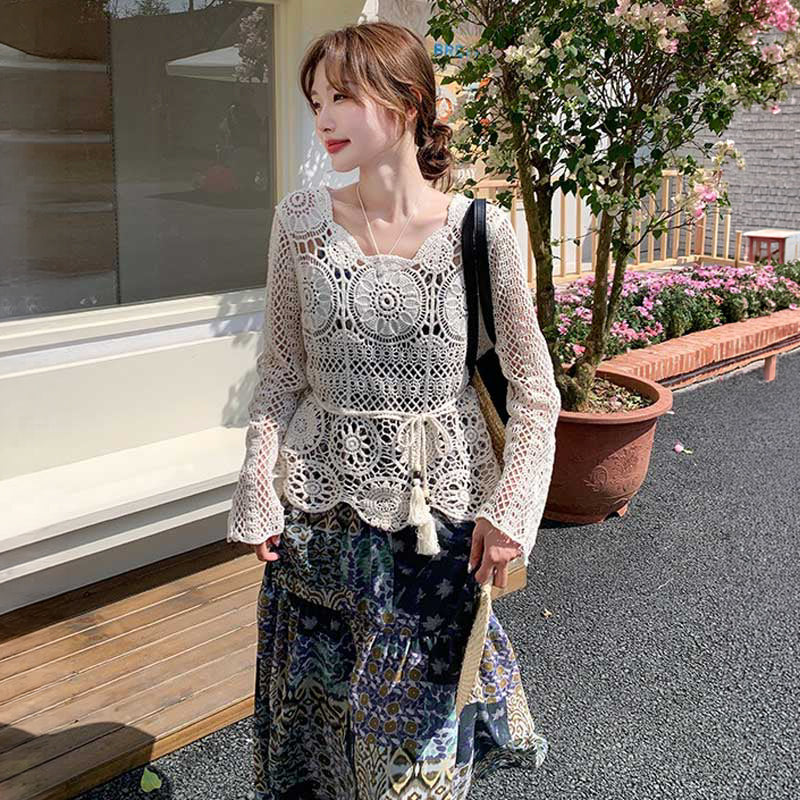 かぎ編みトップス×パッチワークワンピース
