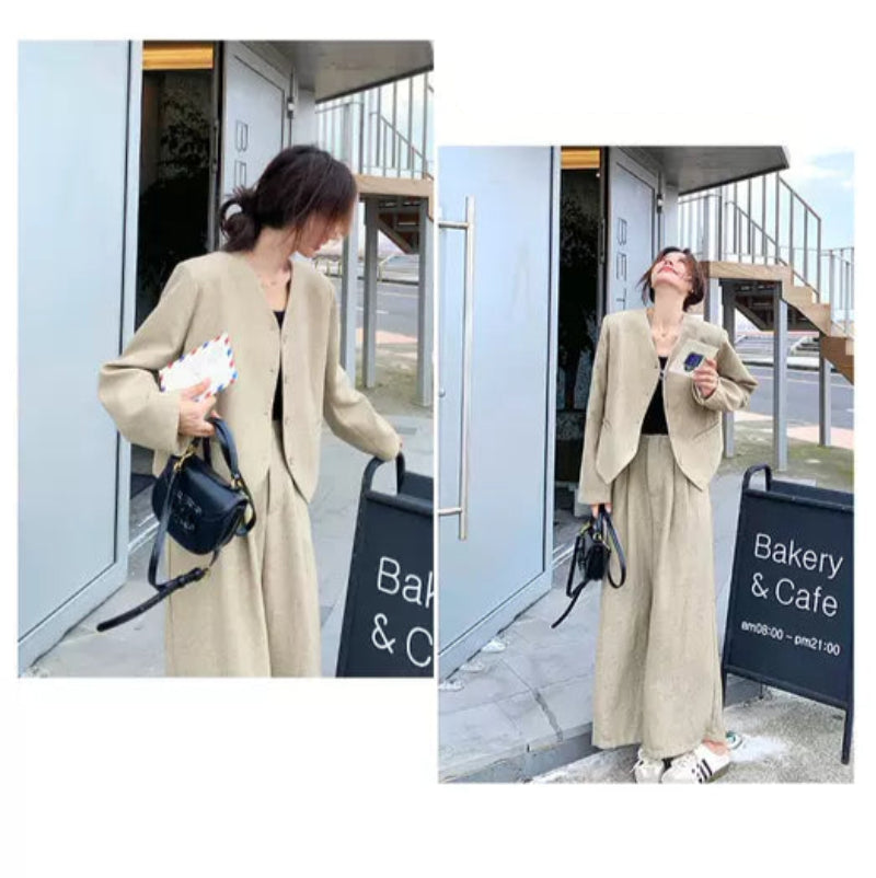 Vネックジャケット×ワイドレッグパンツ
