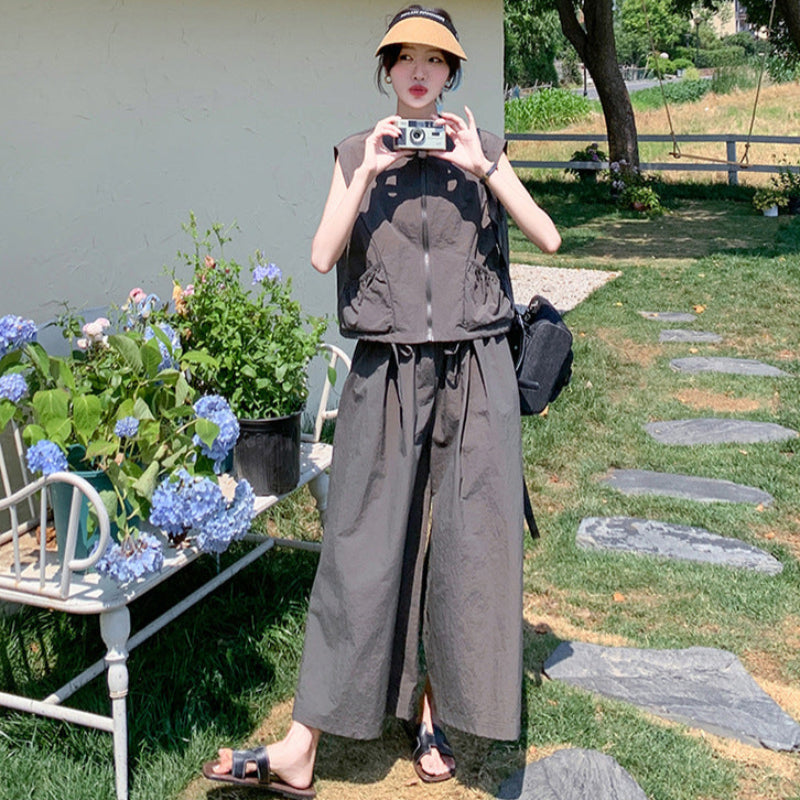 ノースリーブファスナートップス×ワイドレッグパンツセット