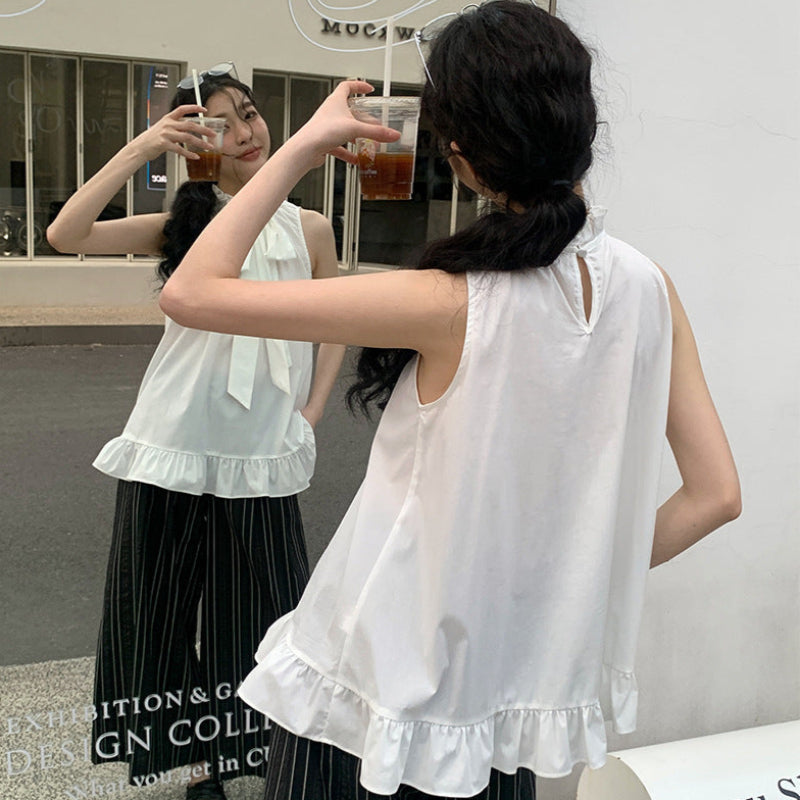 フリルボウタイノースリーブブラウス